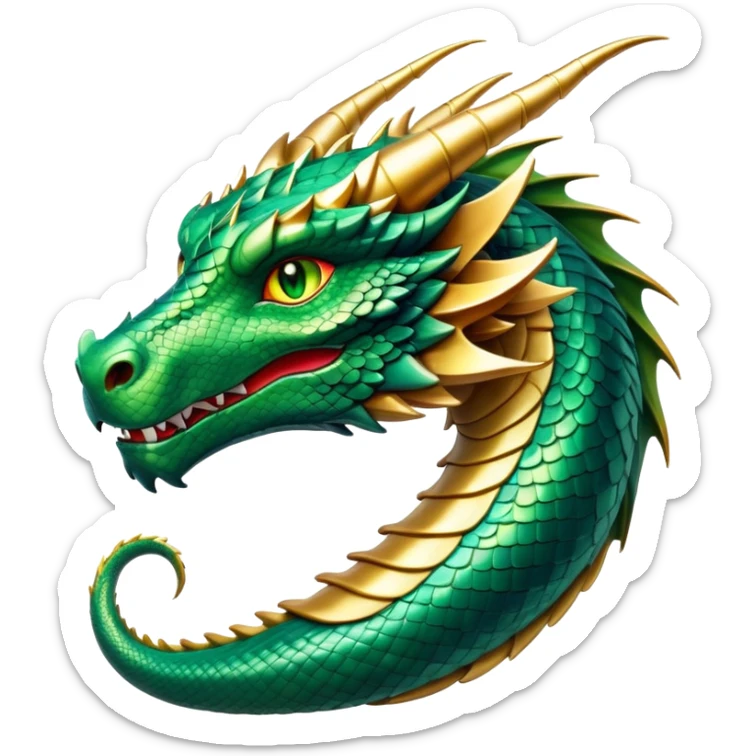 cinematic-noble-dragon-portrait-emoji,-poised-and-majestic,-with-a-sinuous,-elongated-build-and-shimmering,-scale-covered-skin-in-hues-of-emerald-and-gold,-piercing,-fiery-eyes,-simplified-yet-sharp-and-sophisticated-features,-highly-detailed sticker