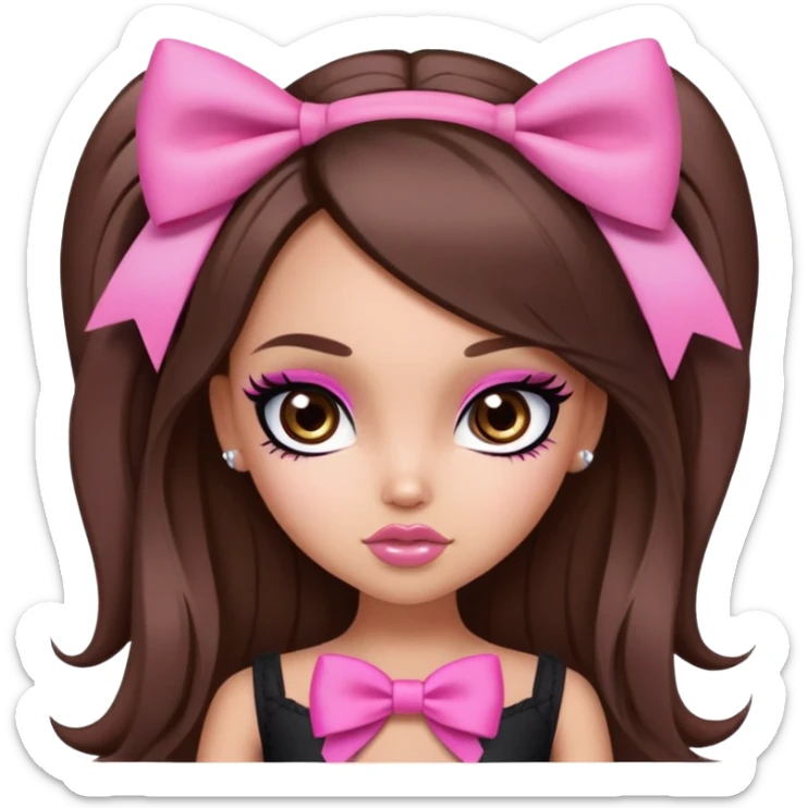 pretty bratz baddie, pink bow long hair brunette baddie with eyeliner and brown eyes sticker
