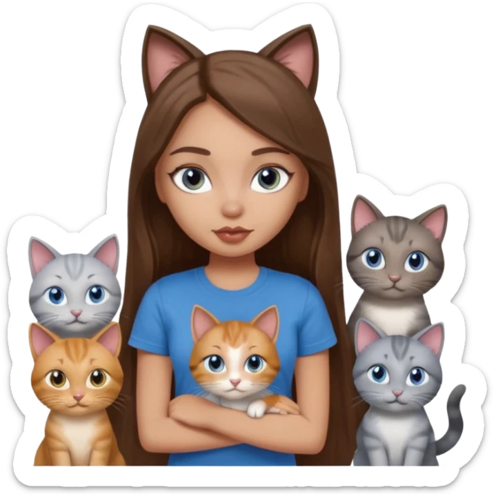 a pretty bratz dusky light skin girl with long brown hair, blue eyes with six cats nd wearing a grey tshirt sticker