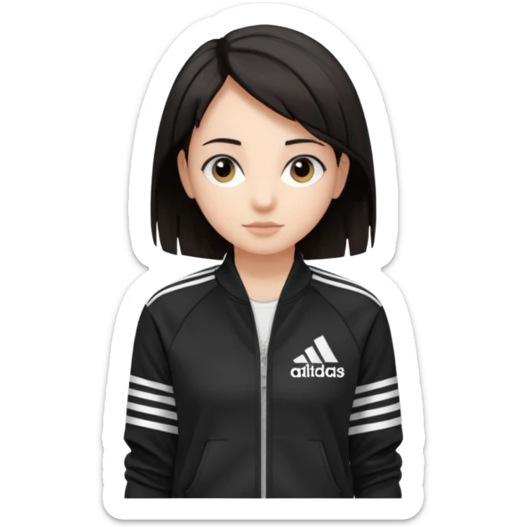 A girl with  medium length, dark hair, fair skin. The style is a soft, layered cut that falls around her shoulders. wore black Adidas track jacket with white stripes on the sleeves. It has a full zipper down the front, a stand-up collar, and the Adidas logo on the right chest emoji sticker