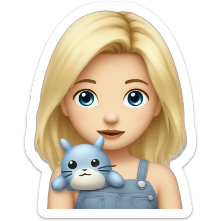 bébé fille blonde décoiffée aux yeux bleus avec une peluche Totoro  sticker