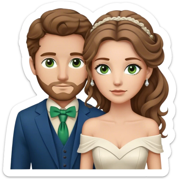 A bride and groom. Bride has brown hair with soft curls, has green eyes, wears an off shoulder dress. Groom has blond hair, has blue eyes, wears a brown suit with a brown vest and a bolo tie. sticker