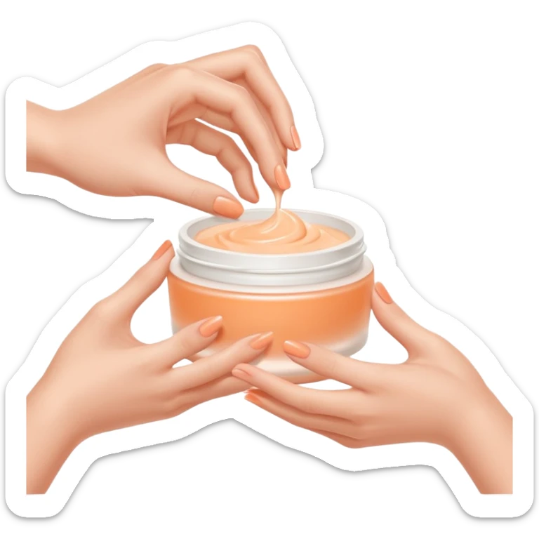 Minimal emoji of hands gently applying skincare cream, soft nude and peach tones, clean beauty aesthetic, calm and elegant, subtle glow sticker