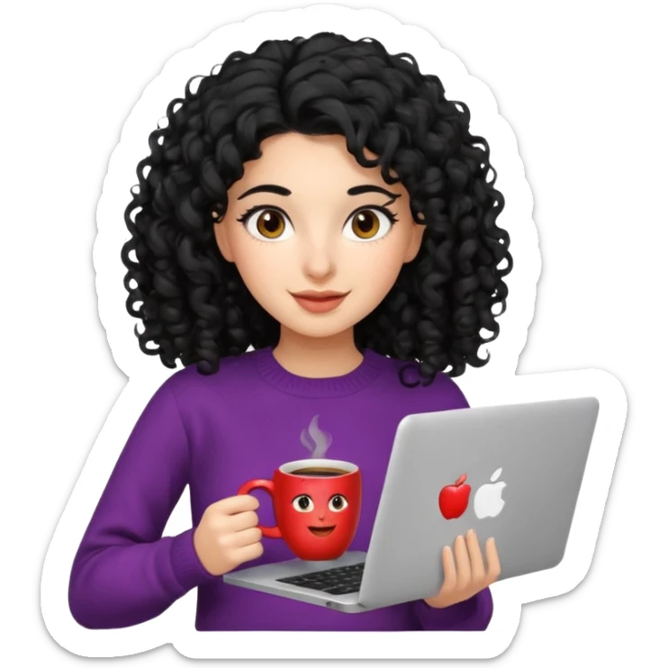 young Persian woman, 20 years old, black curly hair, wearing a sweater, coffee mug beside laptop, cheerful, 3D Apple emoji style sticker