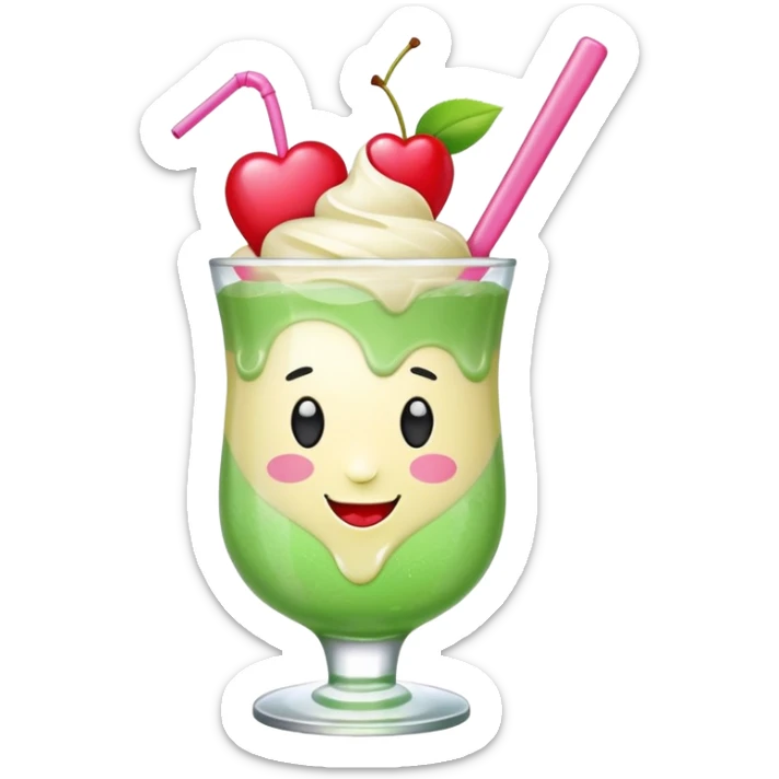 Cute emoji-style illustration of a green soda float with ice, vanilla ice cream scoop, two red cherries, pink heart-shaped straw, simple shapes, bright colors, glossy, kawaii style, centered, transparent background
 sticker