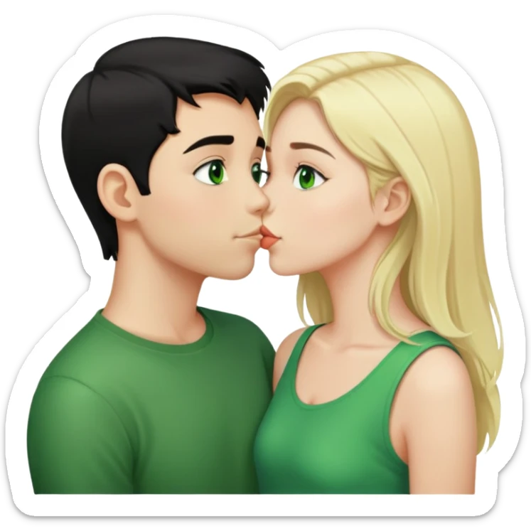 Kissing couple of boy with short black hair and green eyes and blonde girl with long hair sticker
