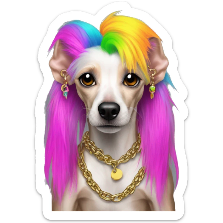 Punk Chinese crested dog neon rainbow hair gold chain punk piercings tattoos punk ear piercings sticker