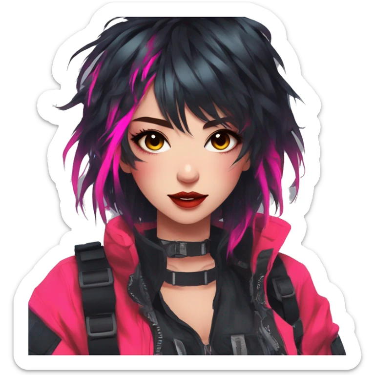 Gorgeous bright colorful neon techwear anime style lady with blushing face aesthetic and pretty edgy black red punk messy hair with collar and harness trending style sticker
