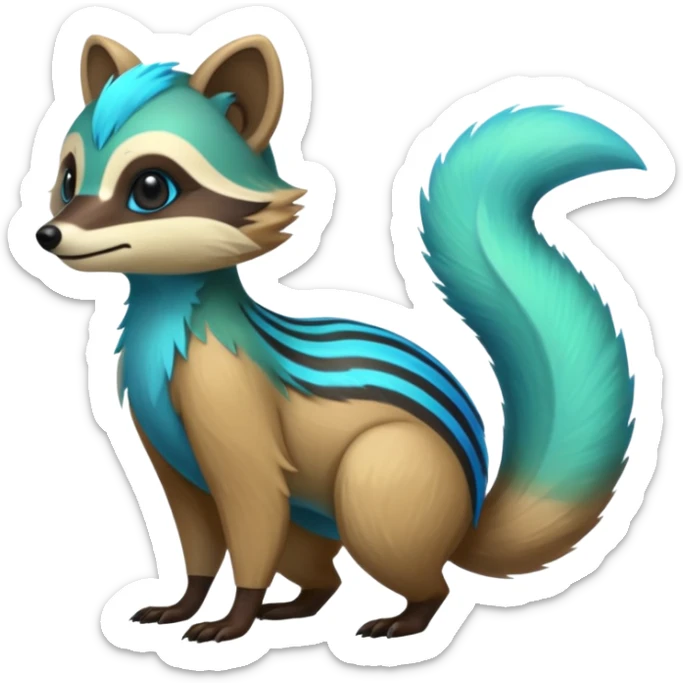 Iridescent Neon Green-Cyan-Blue Tanuki-Numbat-Sergal-fusion-hybrid-animal-creature, full body sticker