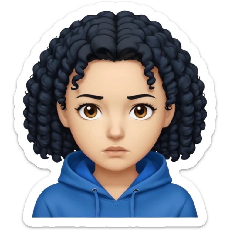 A woman with curly black hair, wearing a blue-black hoodie, and a slightly serious expression on her face. sticker