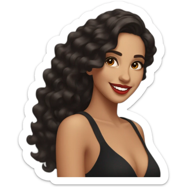 young moroccan woman with dark brown eyes, dark long curling hair, red lips, big smile, black dress sticker