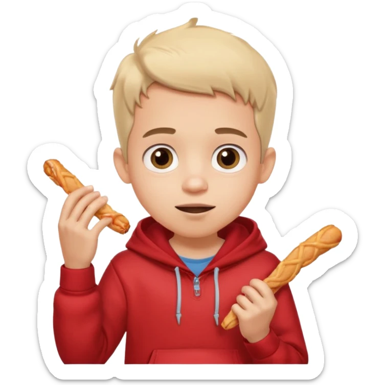 ute funny Spanish cartoon boy named Peque Tito, red hoodie, denim shorts, big expressive eyes, holding a churro, Pixar-style, viral character.” sticker