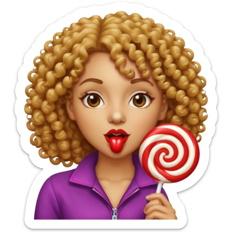 Light skin women with curly hair licking a lollipop sticker