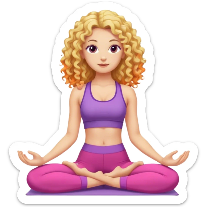 Blonde curly long hair lady doing yoga with pink, purple and orange clothes  sticker
