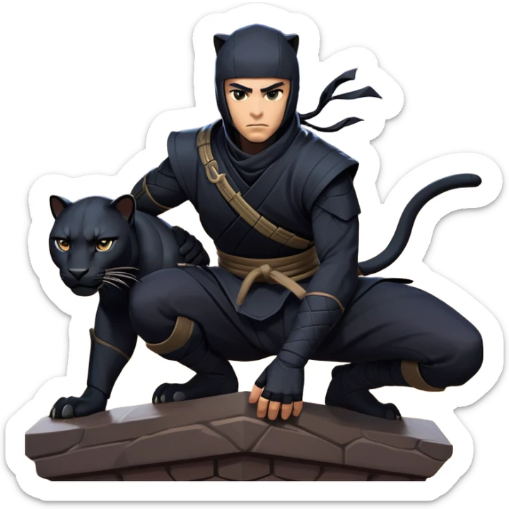 clash-of-clans-aesthetic_-cinematic-mysterious-male-ninja-portrait-emoji, rendered in a flat, vector-style with minimal shading and bold, simplified shapes, with a head slightly turned revealing intense, focused eyes, perched atop a sleek, agile panther with glossy fur moving silently through shadowed urban rooftops and moonlit alleyways. sticker