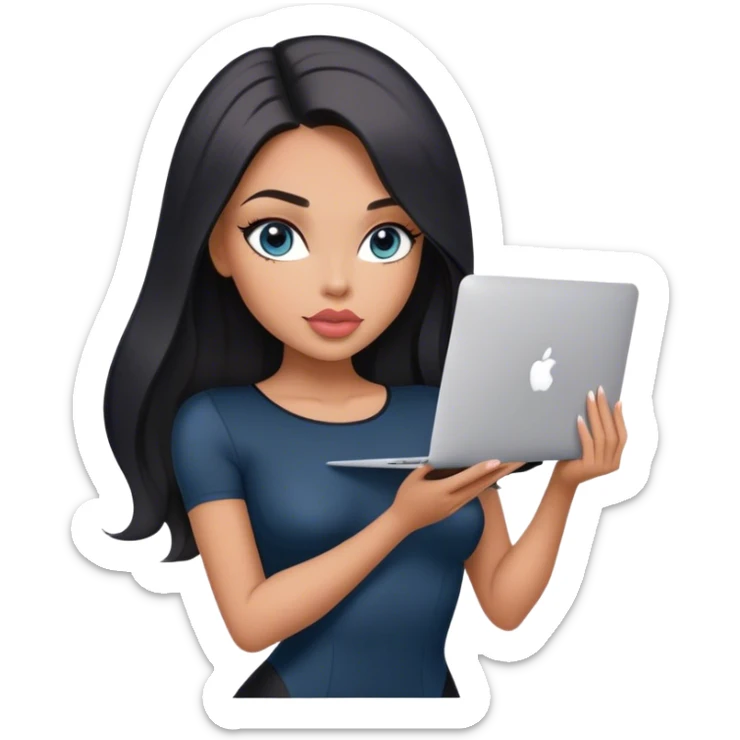 Glamours, tanned, very beautiful girl, with big pump peach-beige-rose lips, black straight smooth silky long hair, straight parting, blue-grey eyes, in short sleeves black bodysuit holding MacBook sticker