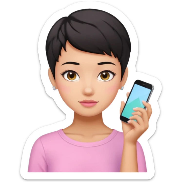 tan girl pink shirt with black hair & a pixie cut no earrings doing cute pastel colors skin care sticker