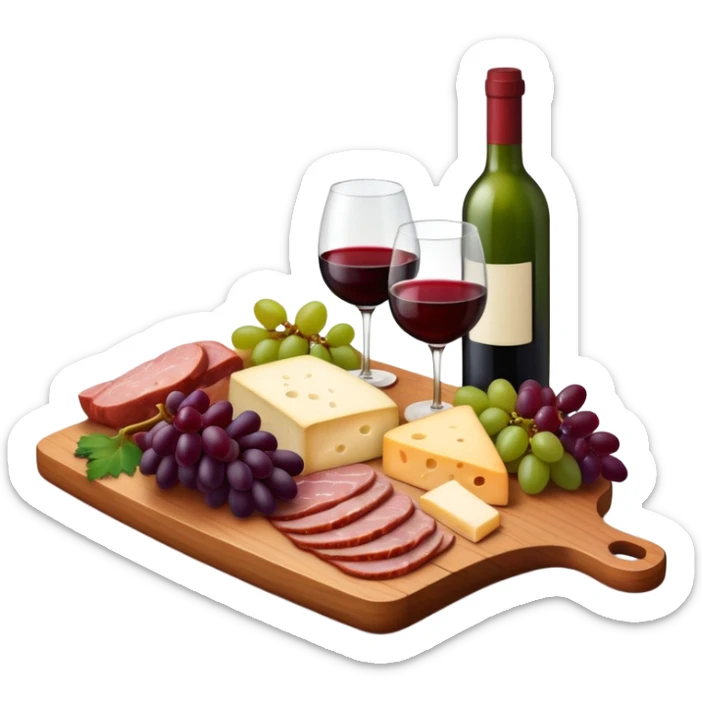 Wooden charcuterie board with meats, cheese, grapes, wine glass filled with red wine, and green wine bottle, cozy rich aesthetic sticker