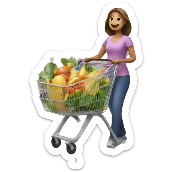a woman with a wheelbarrow full of groceries is shopping in a supermarket sticker