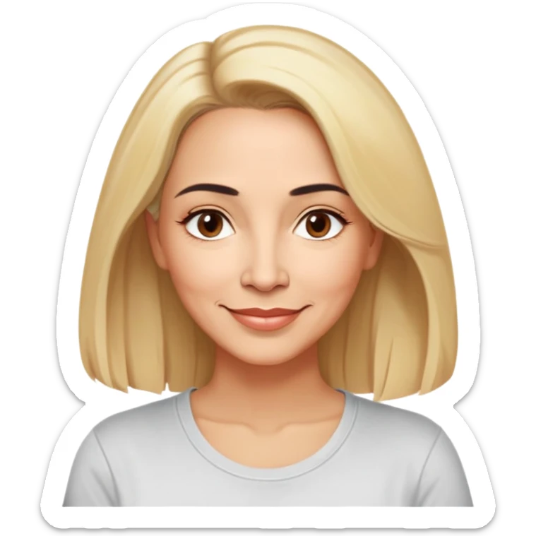 Puerto Rican actress Linette Torres in her 50s with warm light skin, sweet loving expression, gentle kind eyes, well-defined eyebrows, straight nose, warm nurturing smile, shoulder-length blonde hair, wearing a comfortable casual t-shirt sticker