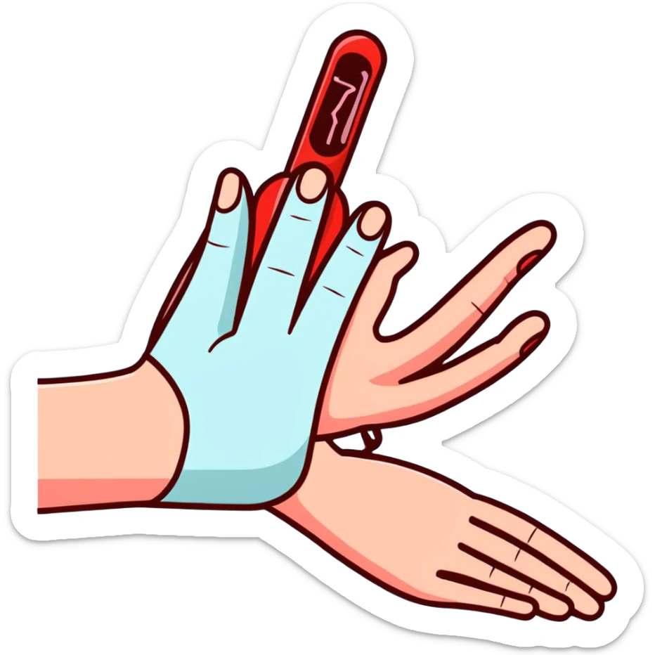 Forearm with allergy skin prick test showing red reaction bumps, 5 fingers visible at the wrist, medical procedure sticker