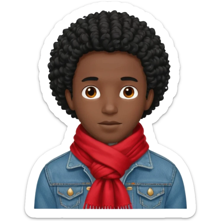 black skin man, curly black hair wear big red scraft, jean jacket sticker