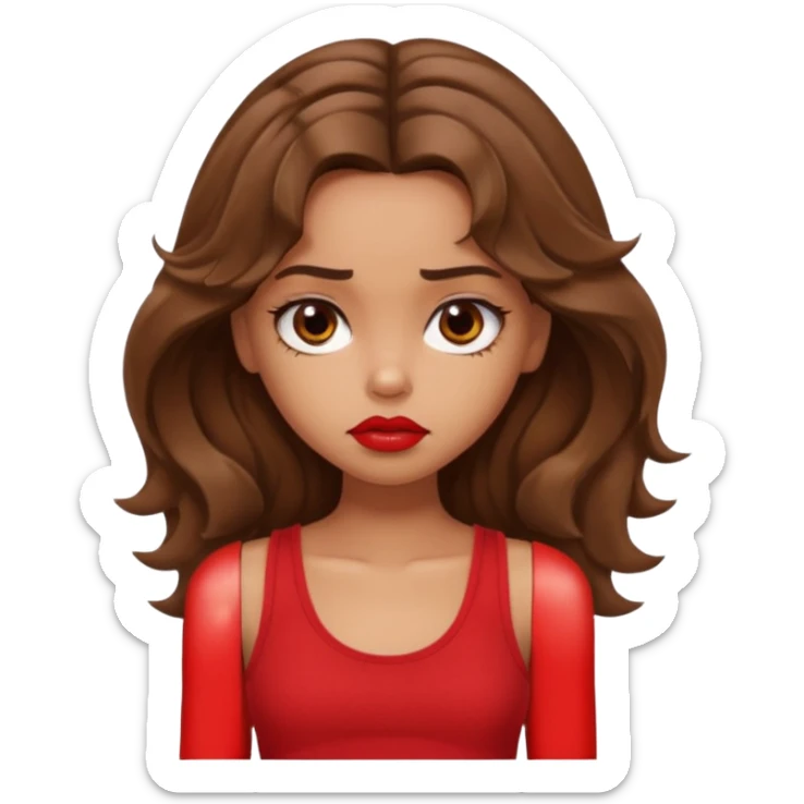 generate a pretty tan bratz girl with brown wavy hair long wearing a red tank top, red lipstick. Looking sad sticker