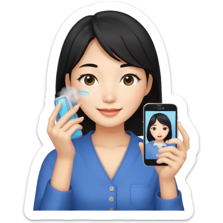 a korean cosmetics marketing expert women with black hair, holding face-mist and phone with smile on sticker