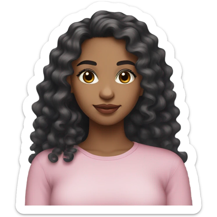 A mixed girl with long black wavy-curly hair, brown eyes, long lashes, noticeable blush, pink lips, and a tight grey long-sleeve top. sticker