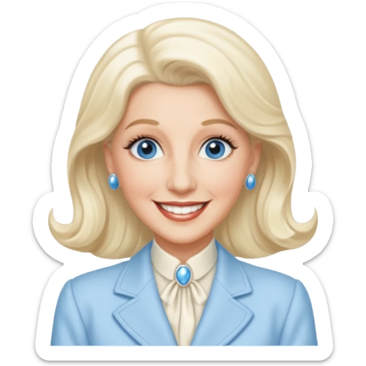 Patty Andrews from The Andrews Sisters with blue eyes, long platinum blonde hair, ivory outfit sticker