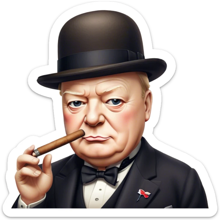 Cinematic Realistic Winston Churchill Portrait Emoji, depicted as a resolute British statesman with a signature bowler hat and a cigar, exuding determined leadership and wartime valor, rendered with lifelike textures and dramatic vintage lighting that captures his iconic British spirit. sticker