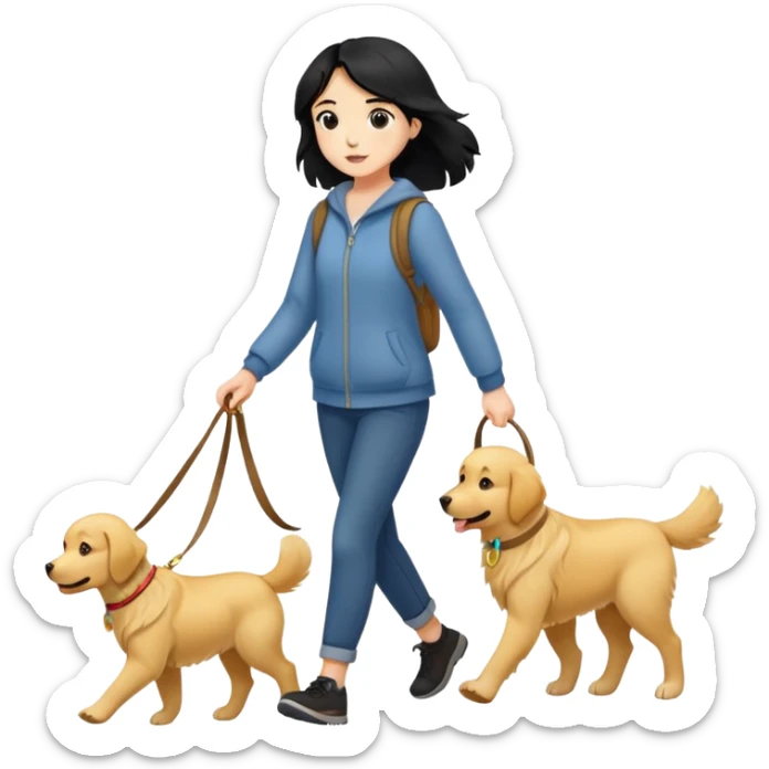 A black-haired girl A black-haired girl walking with a golden retrieverwith a golden retriever sticker