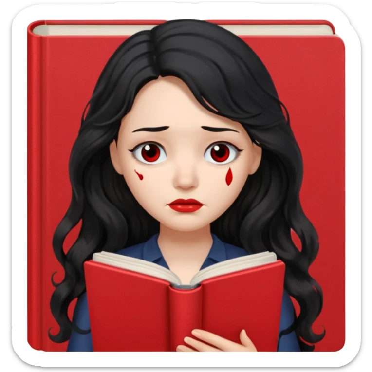 Long Hair Women with red Book, Black wavy hair, sad

 sticker