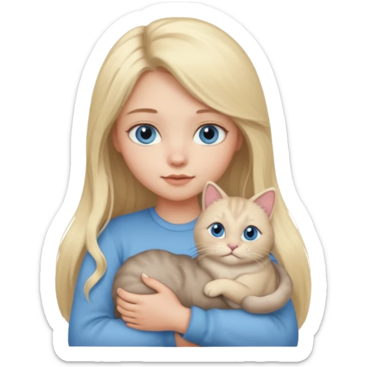 blonde girl with long blonde hair and blue eyes with chubby gray cat sticker