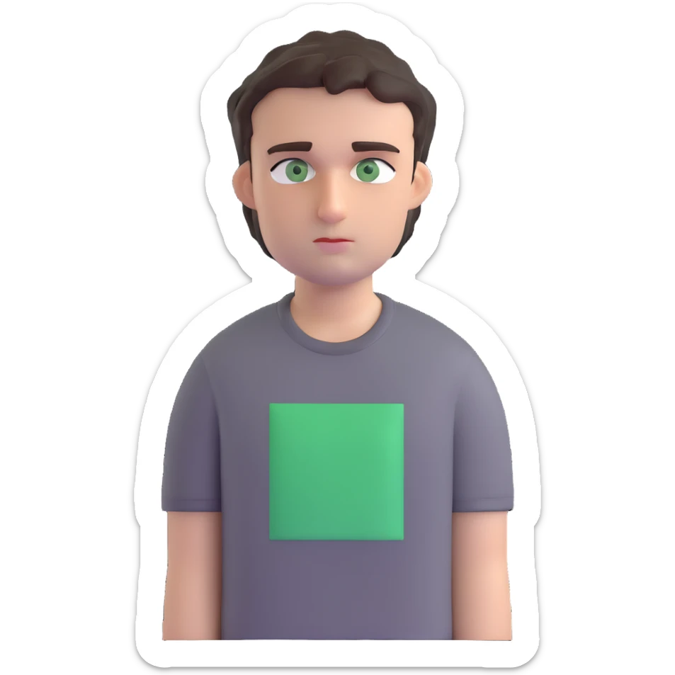 man with dark messy short hair, dark green eyes, wearing a gray t-shirt sticker