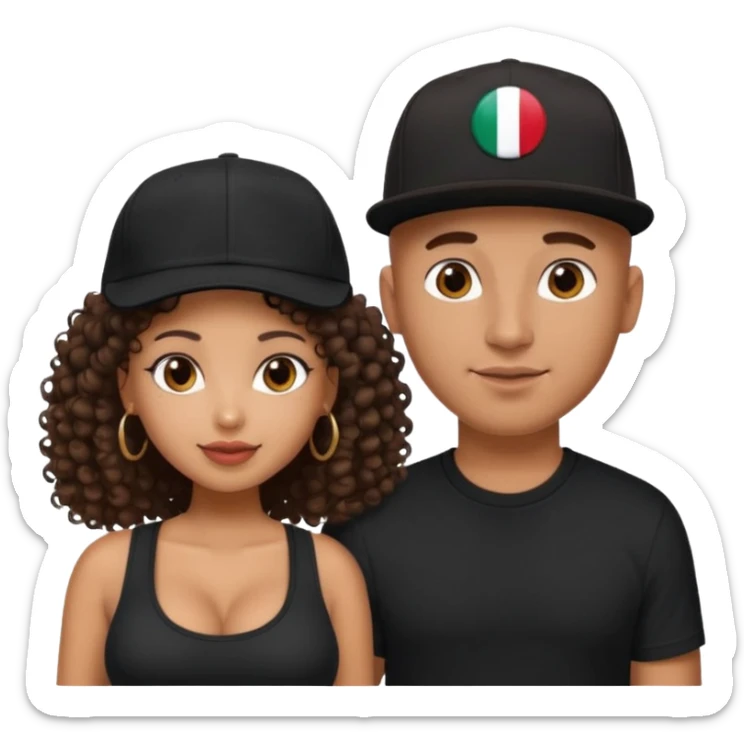 A picture of a loving tanned couple. the guy is Mexican, with a bald hair cut and he has a SnapBack hat on. The girl is mixed, the girl is wearing a black shirt, the girl has brown curly big hair and the girl has big boobs  sticker