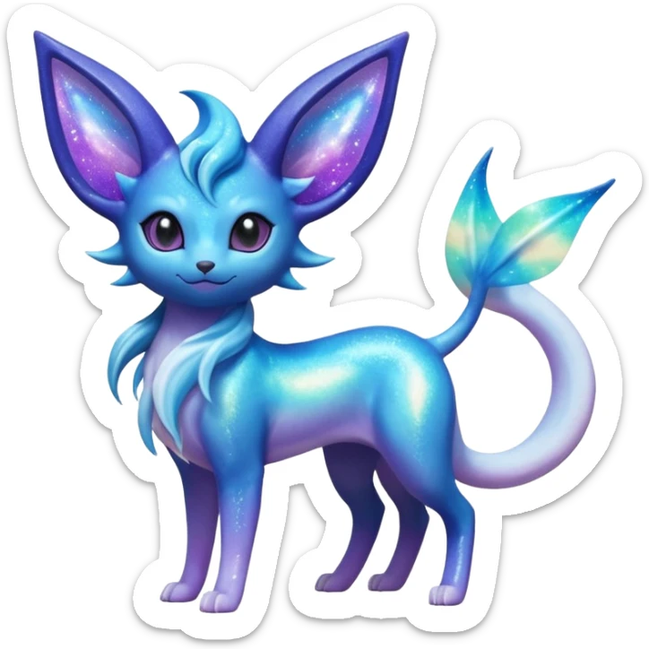 Shiny Iridescent Sparkly Nebulae Espeon-Lumineon-Vaporeon-Amaura-Glaceon-Dragonair-Fakémon-hybrid-creature (full body)  with a galaxy-dust-flowing-gradient-tail sticker