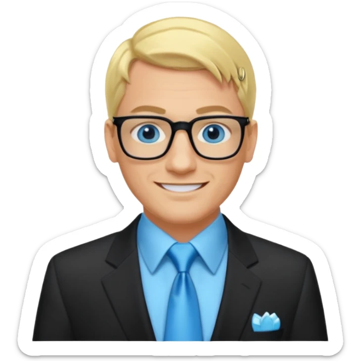 David Carlton from Ali G Indahouse with blue eyes, blonde hair, icy blue dress shirt with black tie, black suit jacket sticker
