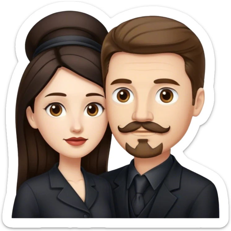 tall white man with brown hair goatee mustache embracing a pale woman with long black hair, wearing elegant clothing standing sticker