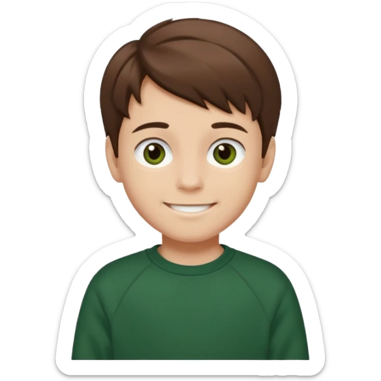 a smiling boy with brown hair and white skin he has dark eyes and he is wearing a dark green sweatshirt sticker
