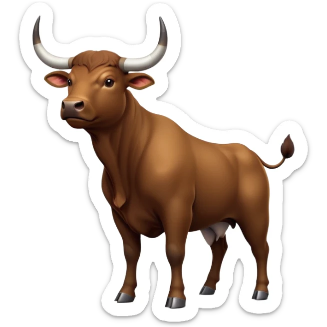 cinematic-[brown bull]-realistic-full-body-standing-emoji,-tail-flicking-lazily,-head-tilted-dramatically,-sleek-[brown]-fur,-simplified-yet-realistic-focused-features,-highly-detailed,-glowing-with-an-almost-sarcastic-glow sticker