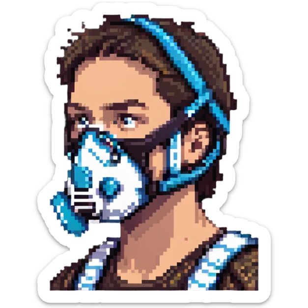 Pixelated athlete with VO2 max face mask and breathing apparatus, fitness lab testing sticker