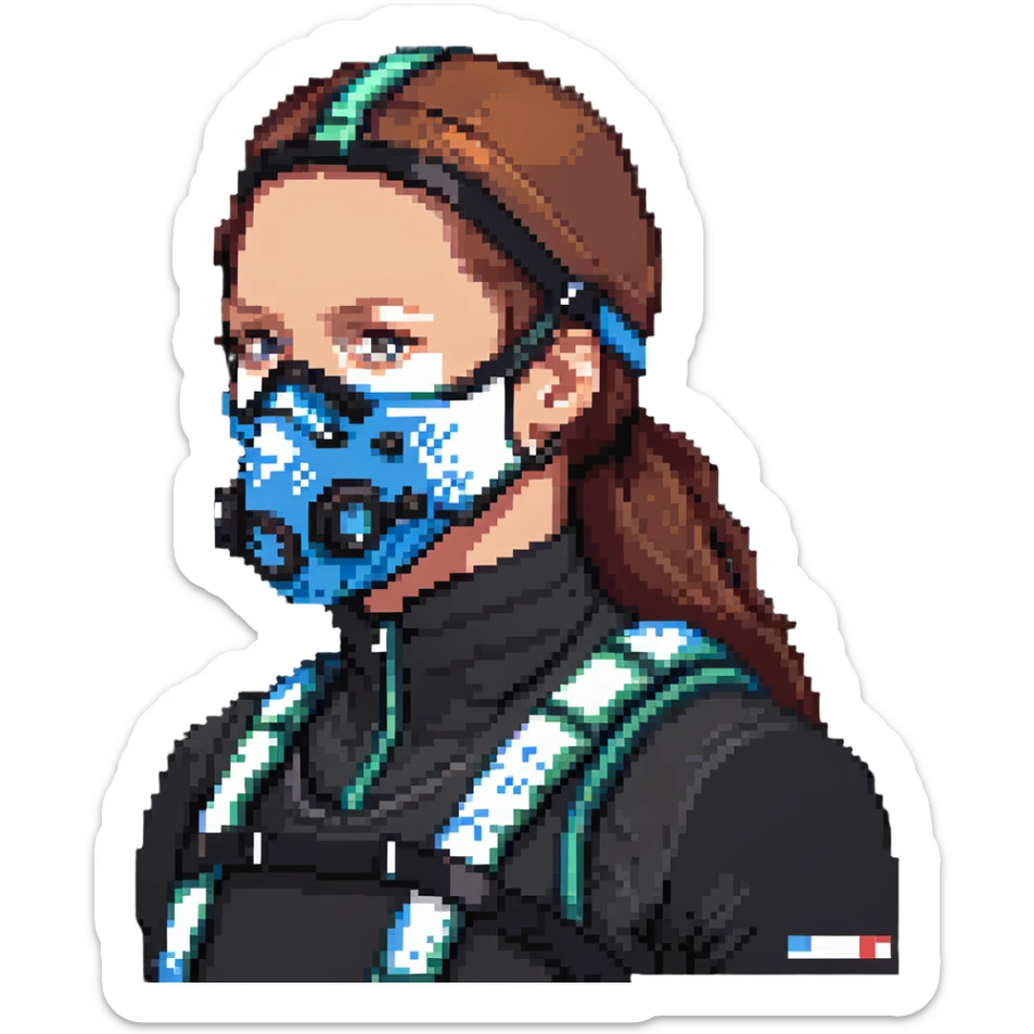 Pixelated athlete with VO2 max face mask and breathing apparatus, fitness lab testing sticker