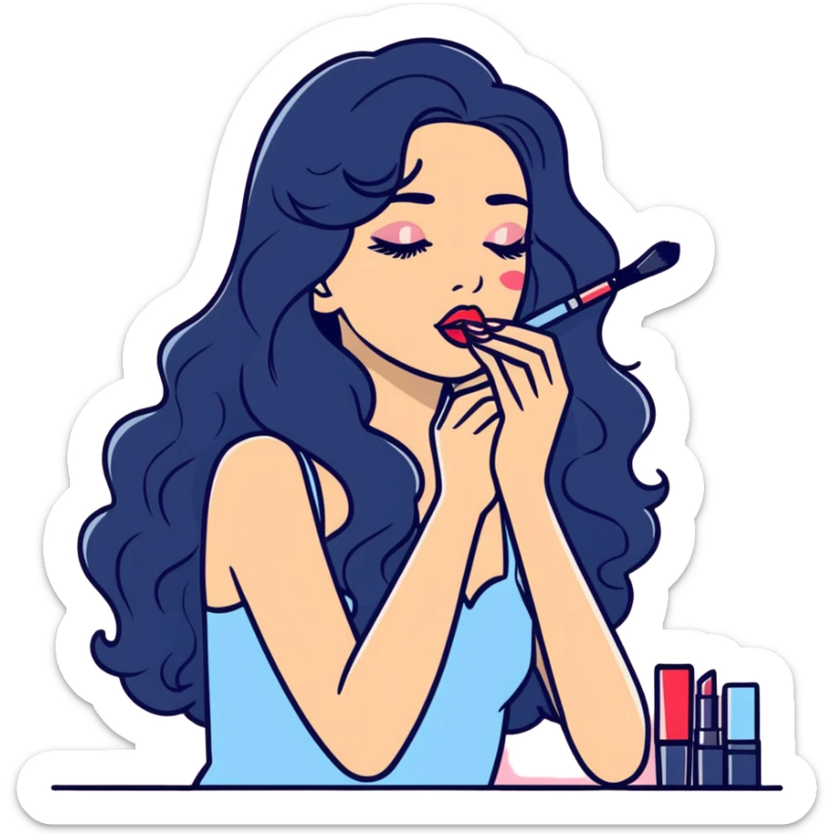 chica de cabello ondulado negro y largo maquillándose y tirando beso sticker