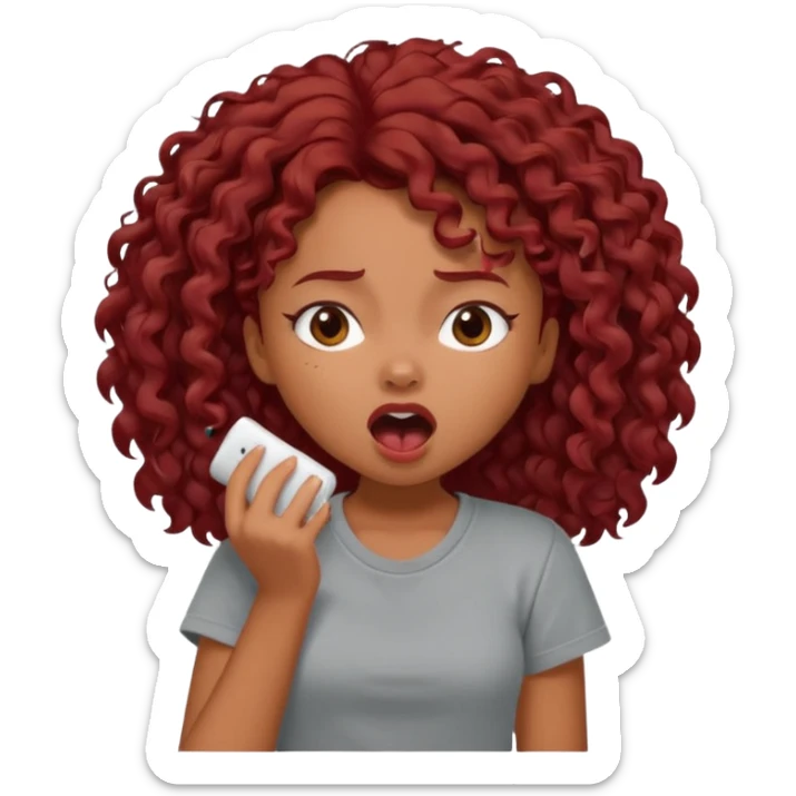 generate a pretty bratz brown skinned girl curly dark red hair, yawning in a grey tshirt bored. sticker