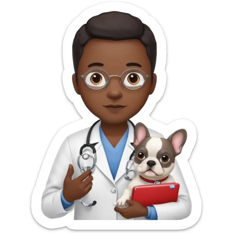hombre médico que tenga un estetoscopio de color de tez negra que sostiene un bulldog francés blanco sticker