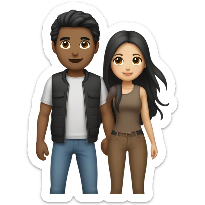 a couple holding hands. the guy has black middle part hair and is Persian and Filipino mix, wearing a jacket. the girl has brown hair white and asian mix, wearing a crop top. sticker