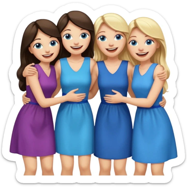 four adult white women laughing and hugging.  Two have long dark brown hair.  Two have blonde hair and blue eyes. sticker