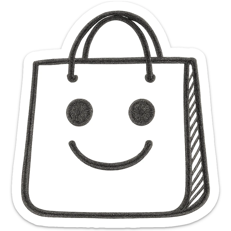 Minimalist buying emoji, black and white, simple shopping bag icon. sticker