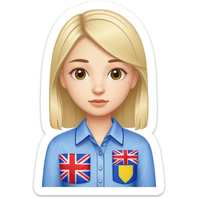 A Ukrainian girl wearing an embroidered shirt holds a British flag sticker